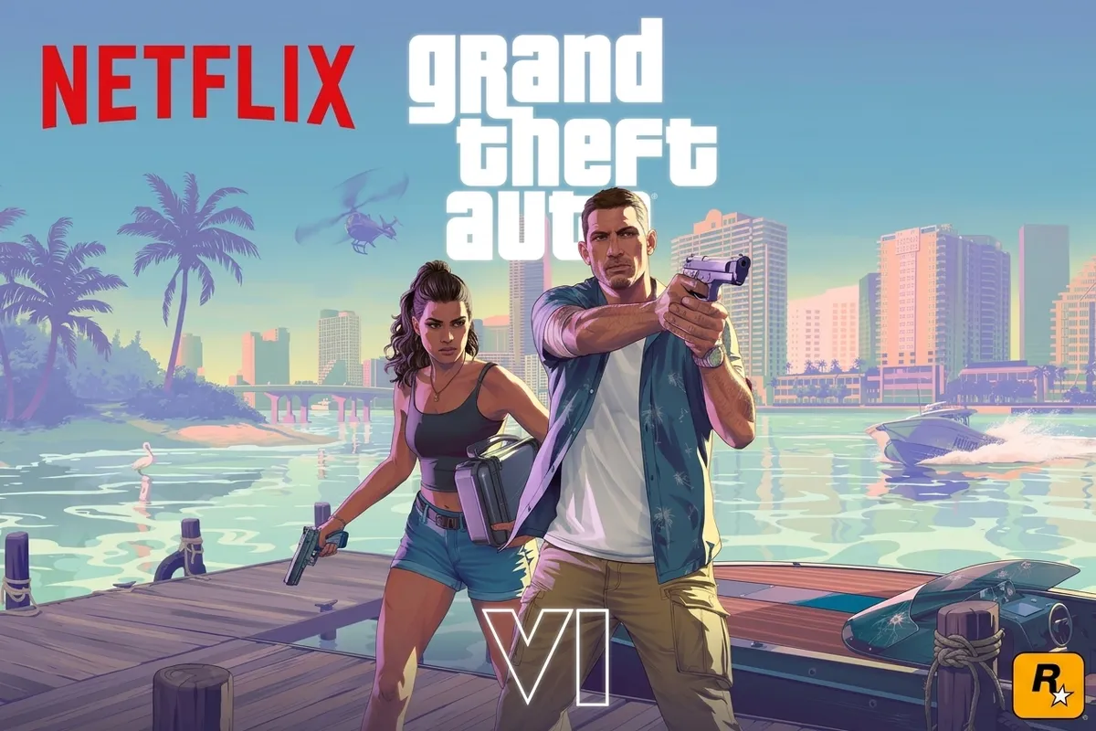 GTA 6 logo styled on a glowing smart television display next to Netflix logo