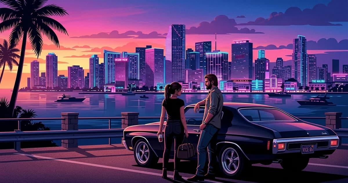 GTA 6 protagonists Jason and Lucia overlooking the neon Vice City skyline by their muscle car, highlighting the single-player campaign focus