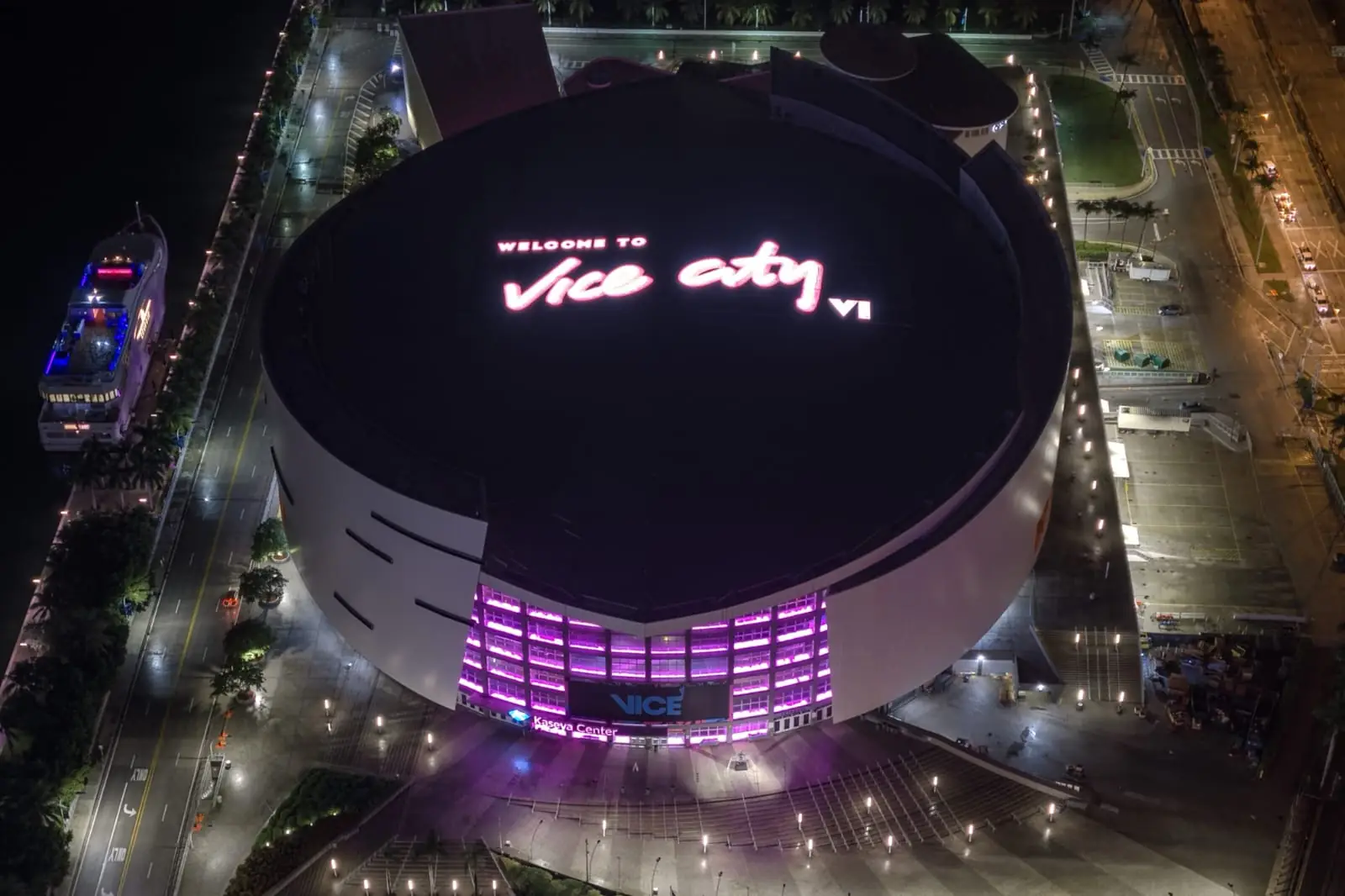 Kaseya Center rooftop with Welcome to Vice City neon sign, Miami Heat