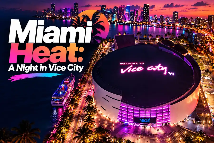 Miami Heat A Night in Vice City, Kaseya Center aerial with neon Vice City sign