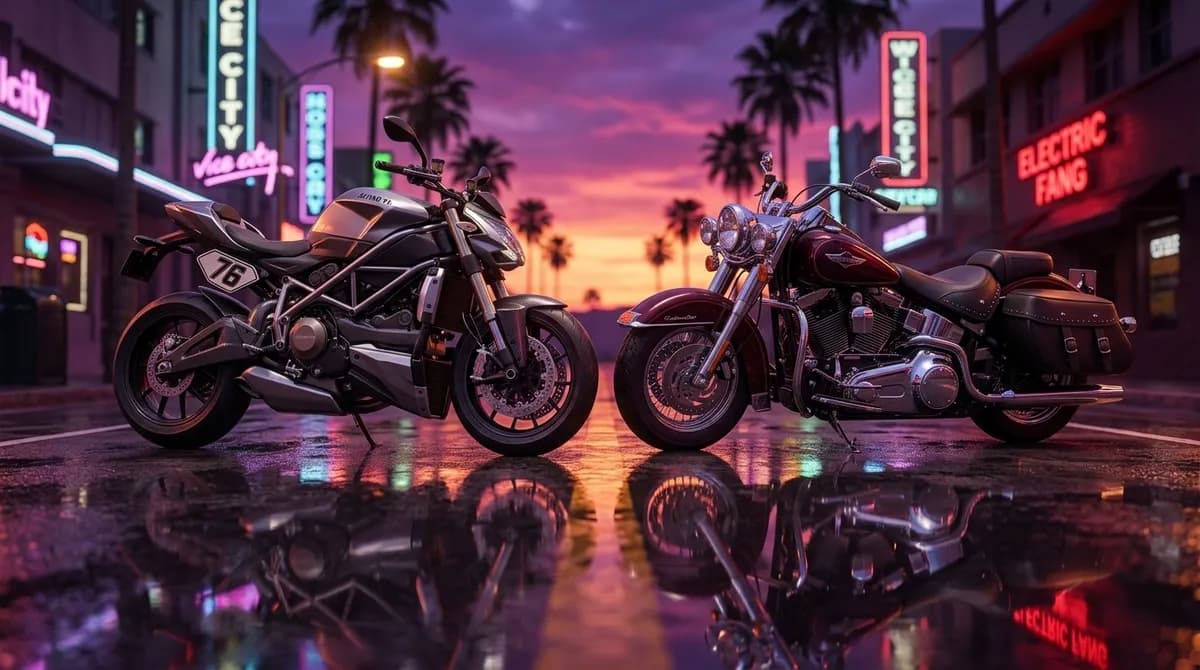 GTA 6 Bikes feature image showing sport and cruiser motorcycles on a neon-lit sunset street in Vice City