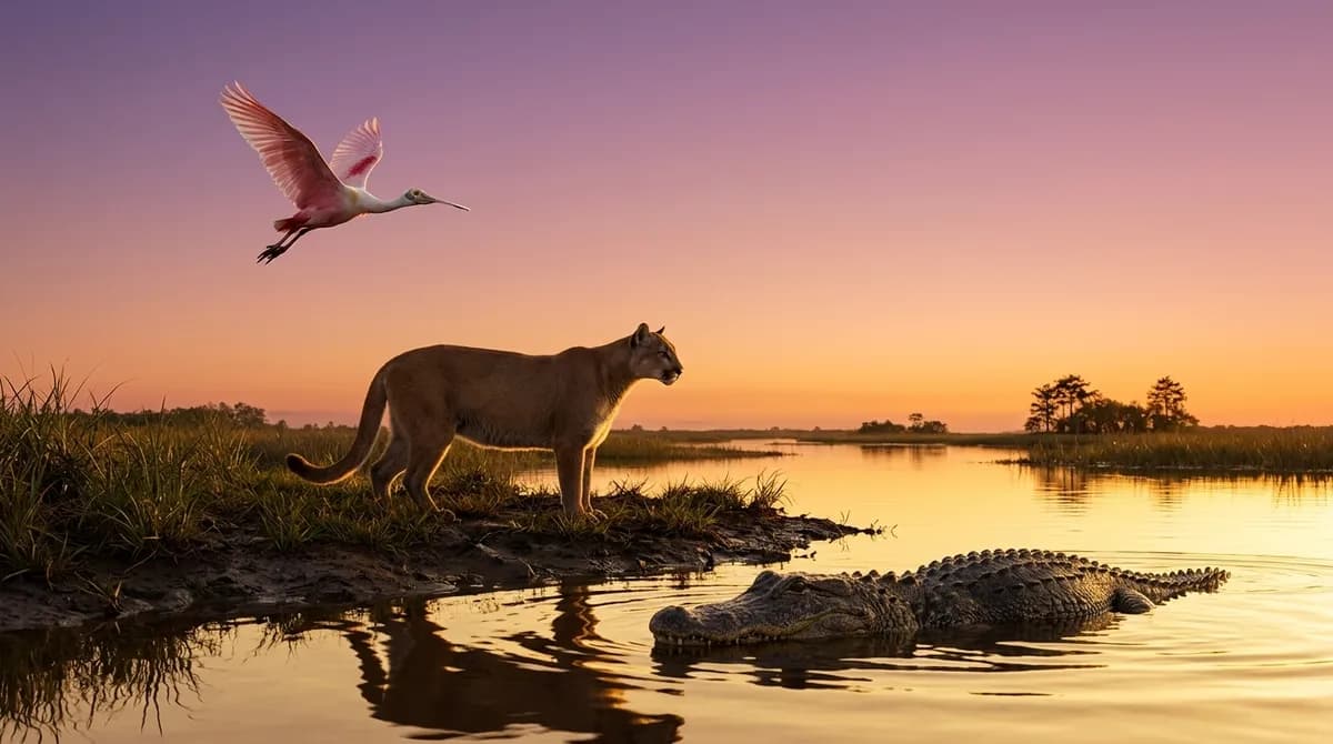 GTA 6 Animals feature showcasing a roseate spoonbill, Florida panther, and American alligator against a Vice City sunset
