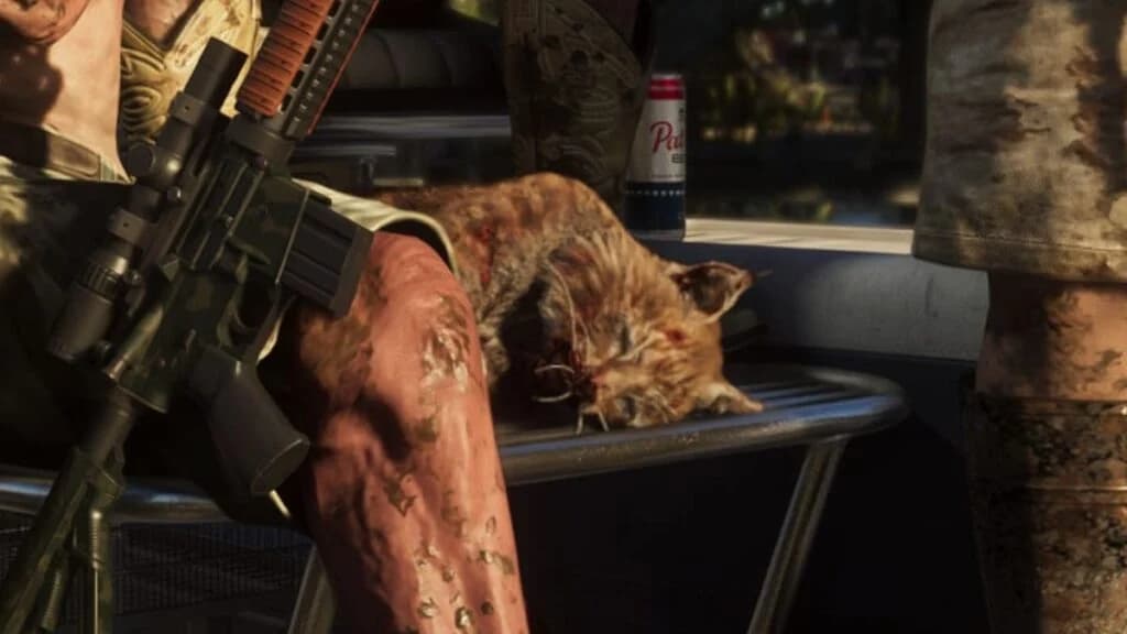 A bobcat captured near a backcountry poacher bench in GTA 6