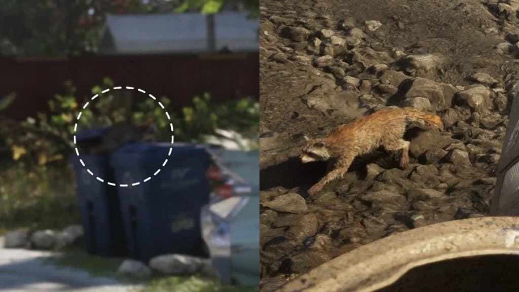 A raccoon searching for food next to a dumpster in a Vice City alley in GTA 6