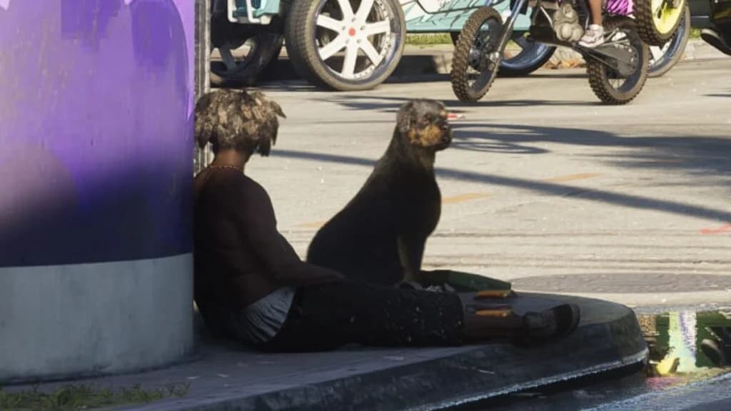 A Rottweiler walking off-leash in an urban park in GTA 6