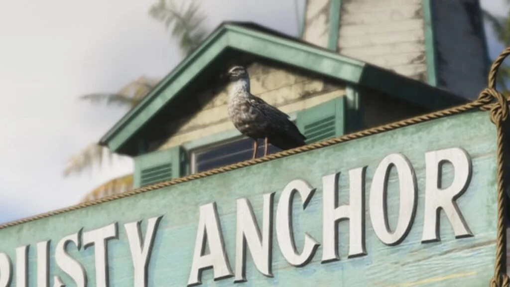A seagull perched on a wooden post near Ocean Beach in GTA 6