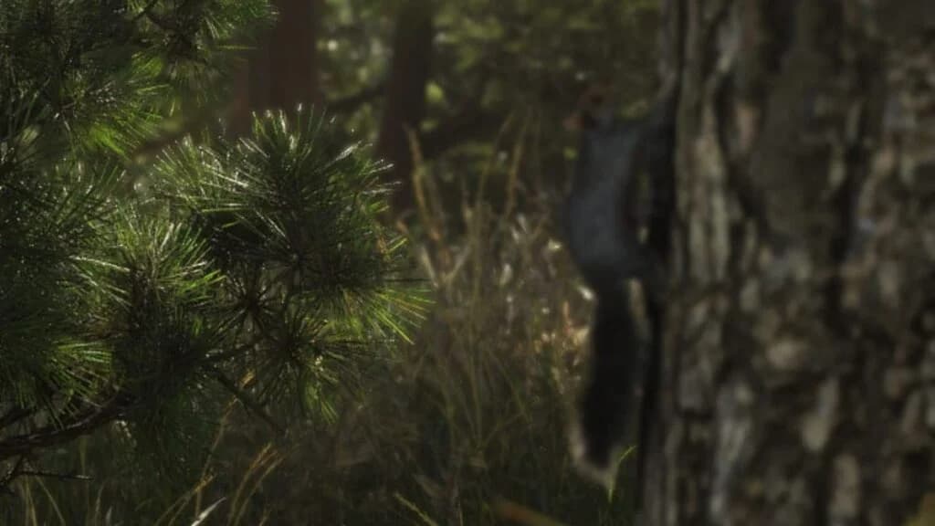 A squirrel perched on a tree branch in a public park in GTA 6