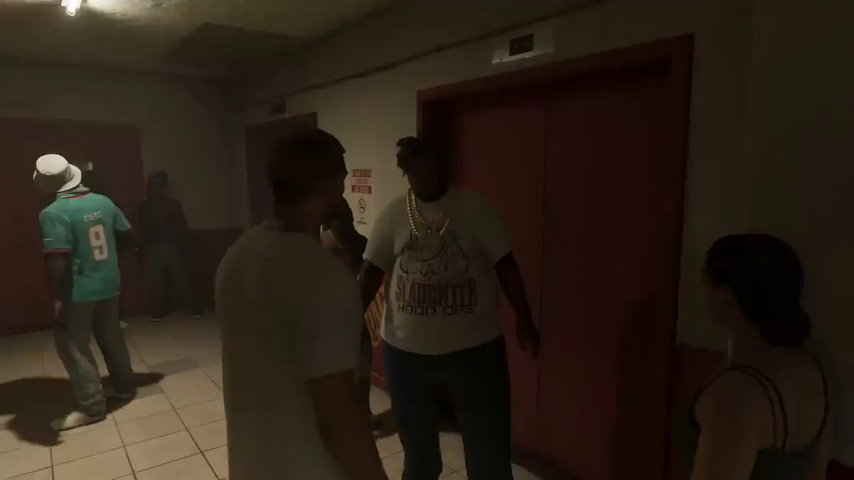 Vice City residents interacting on a crowded sidewalk