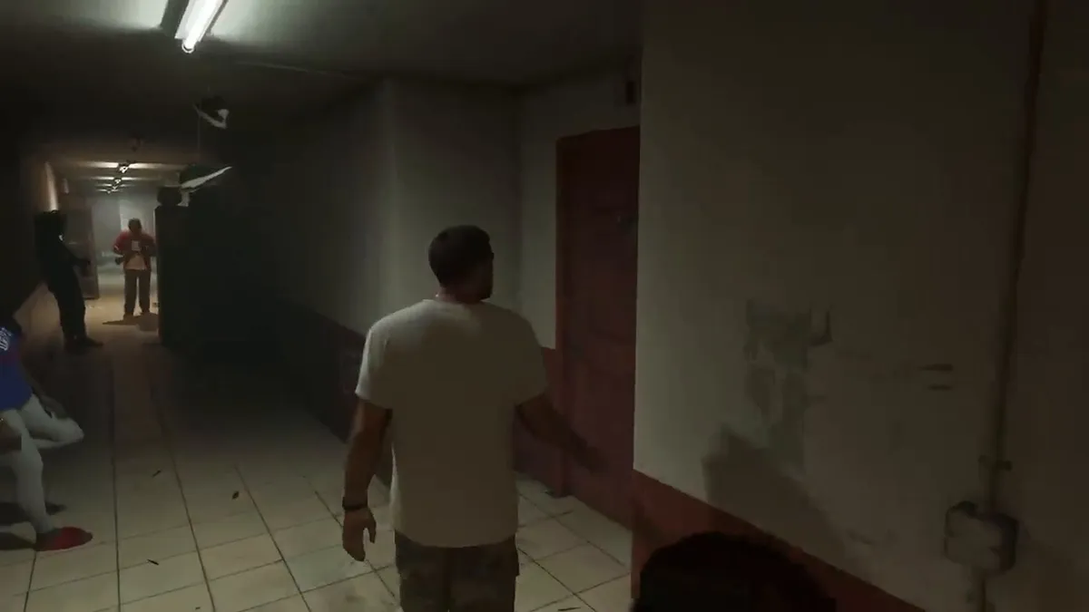 Action gameplay featuring protagonist sprinting away from police units