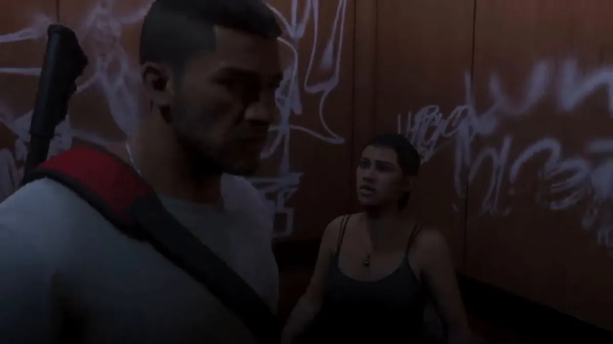 Lucia arguing with Jason in a run-down hotel room