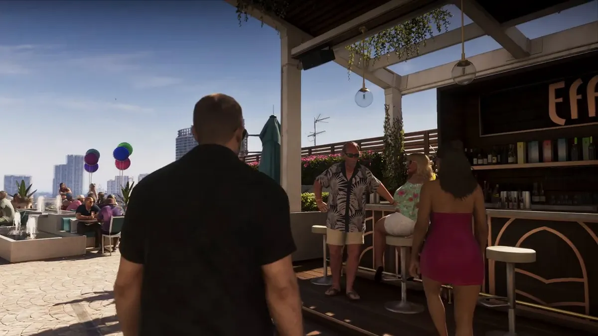 Open-world interaction showing NPCs entering a diner