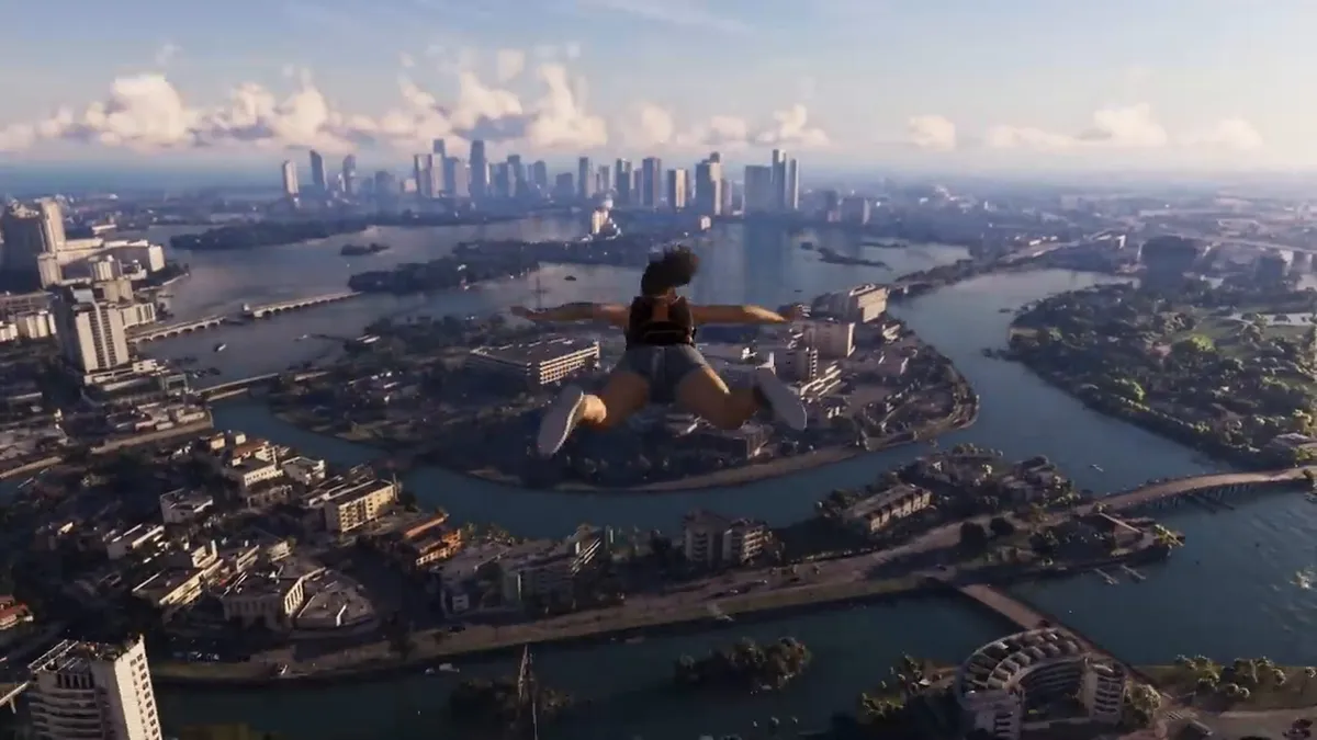 Aerial view of Vice City skyline showing reflections