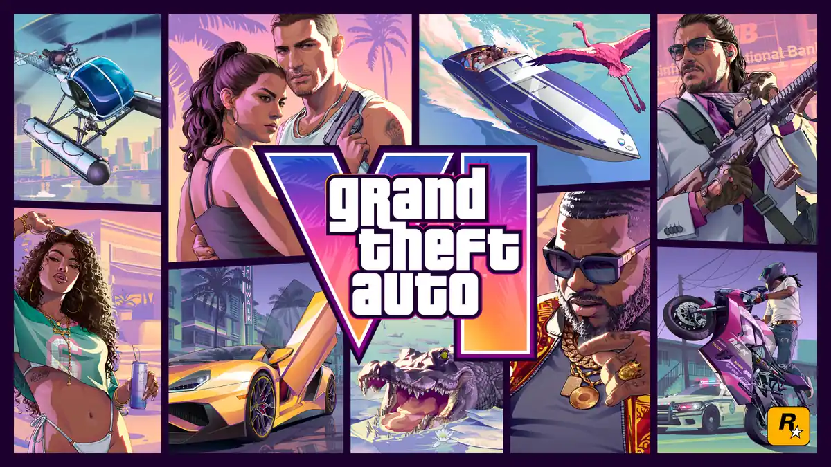 GTA 6 official cover art featuring Lucia and Jason in Vice City