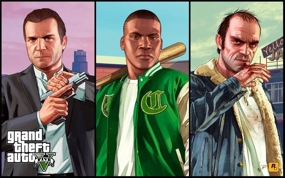 GTA 5 main characters Michael, Franklin, and Trevor lineup showcase