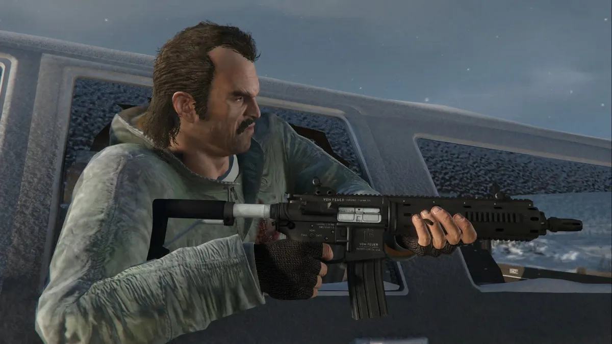 GTA 5 prologue bank heist mission showing early gameplay graphics