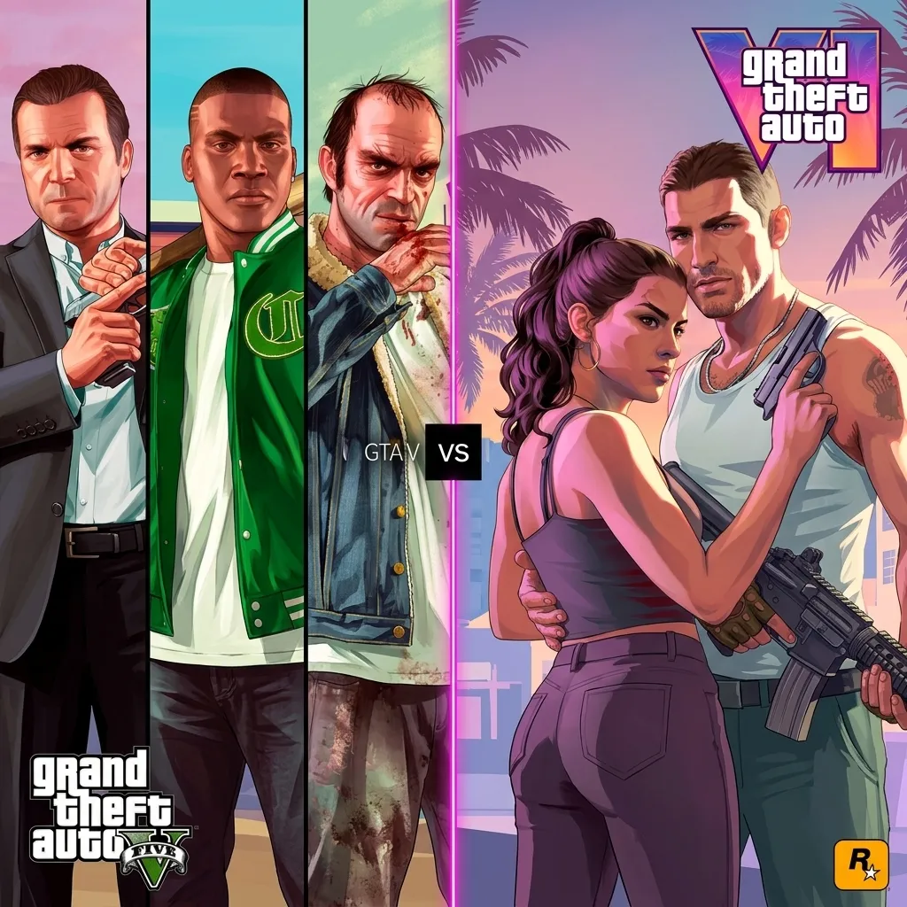 GTA 6 vs GTA 5 visual comparison showing Los Santos and Vice City sunset side by side