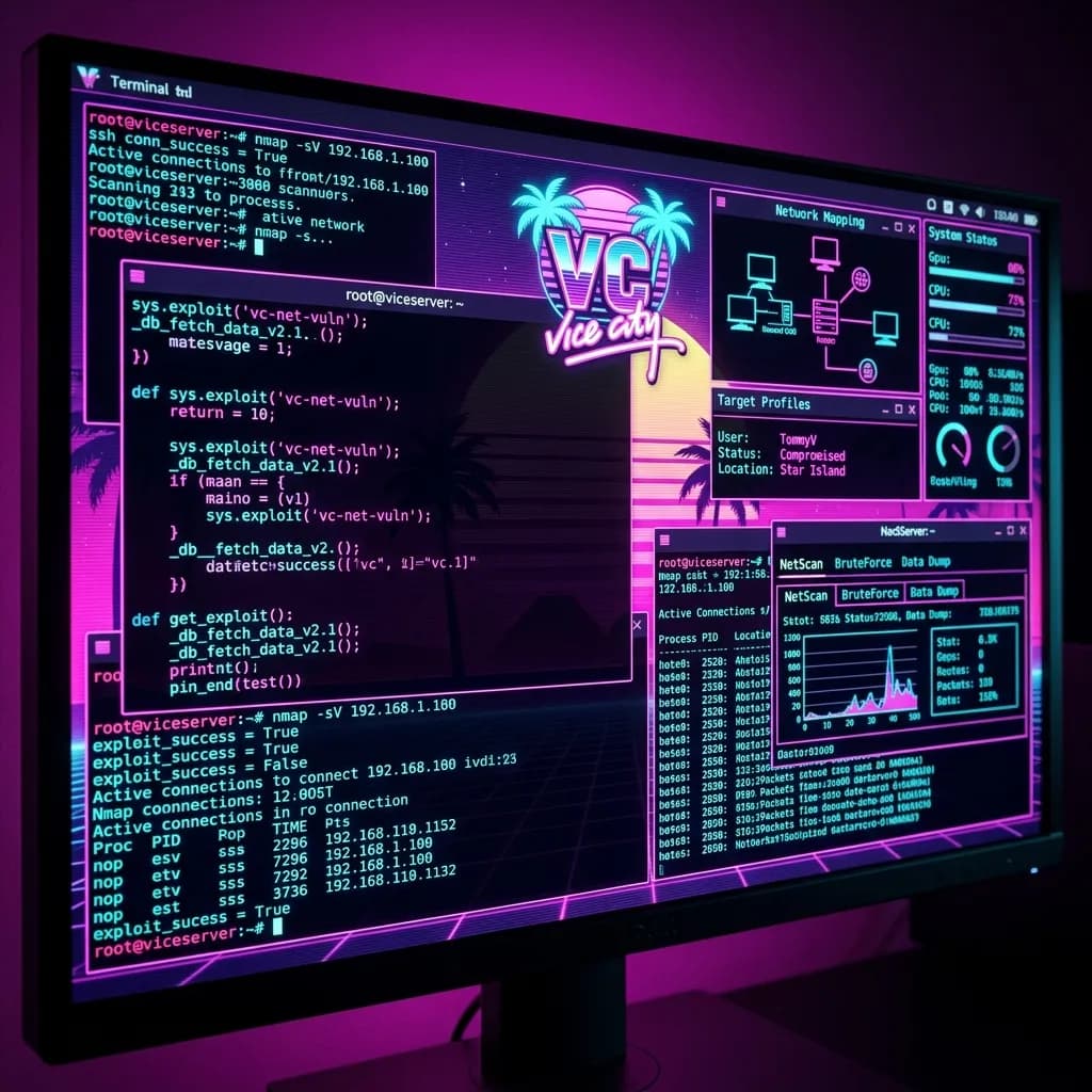 A glowing magenta and purple neon computer terminal showing encrypted data files and lines of code representing the GTA 6 hacker security breach.