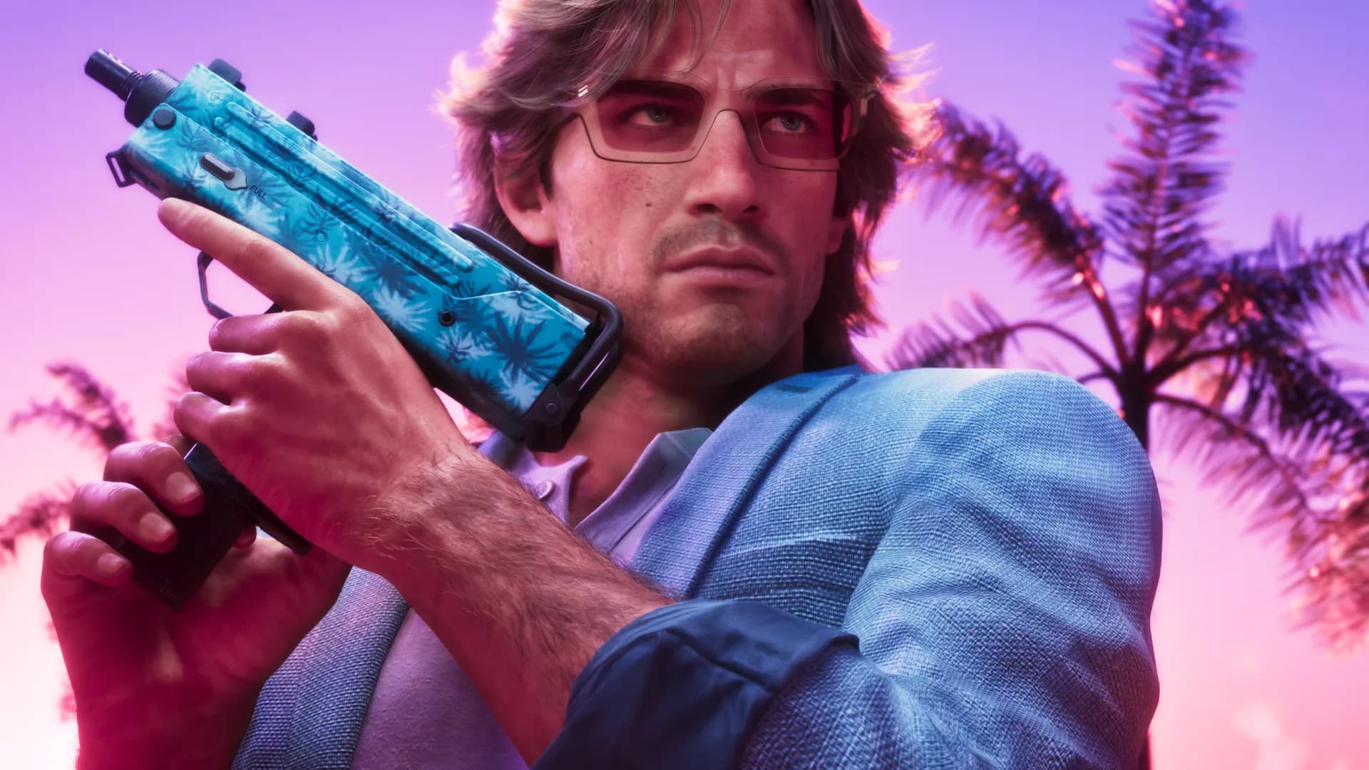 GTA 6 Jason outfit — Jason in a linen blazer and tinted glasses holding a tropical-pattern weapon at sunset