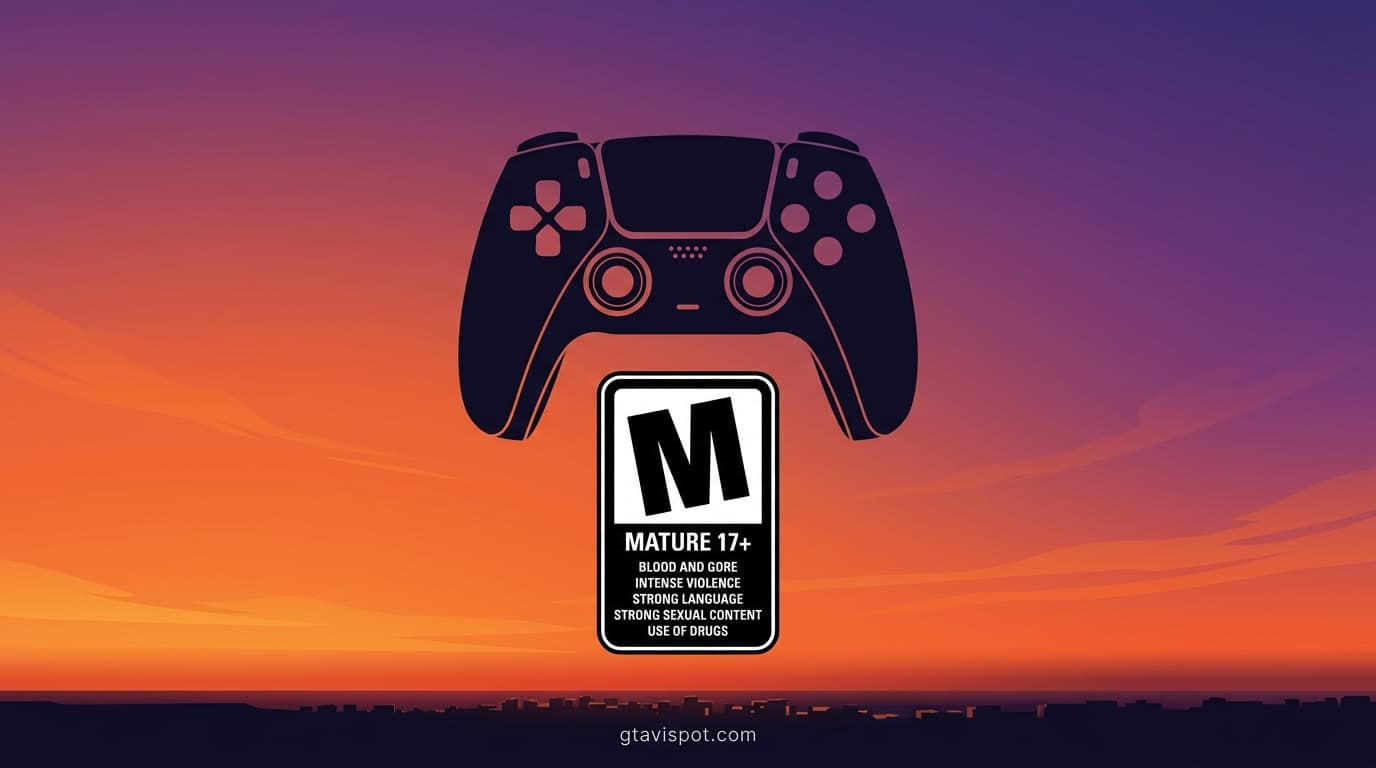 Minimalist game controller icon over an M-rating style box at sunset, representing the GTA 6 age rating.