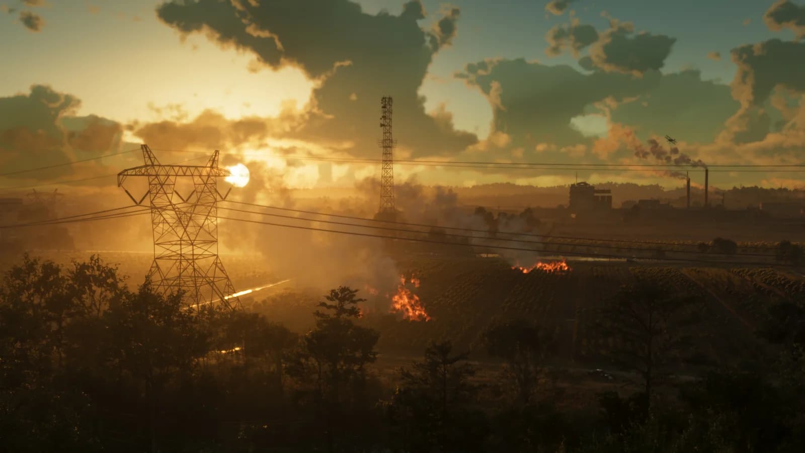GTA 6 Ambrosia countryside at sunset with farm fields, a controlled burn, power pylons, and a distant refinery in Leonida
