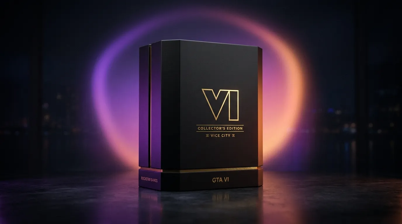 GTA 6 Collectors Edition concept showing premium collector packaging with Vice City sunset gradient