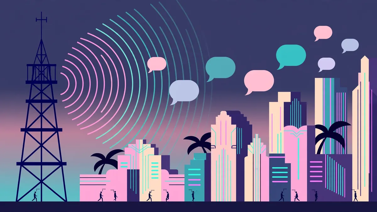 Minimalist illustration of a radio tower broadcasting speech bubbles over a neon Vice City skyline
