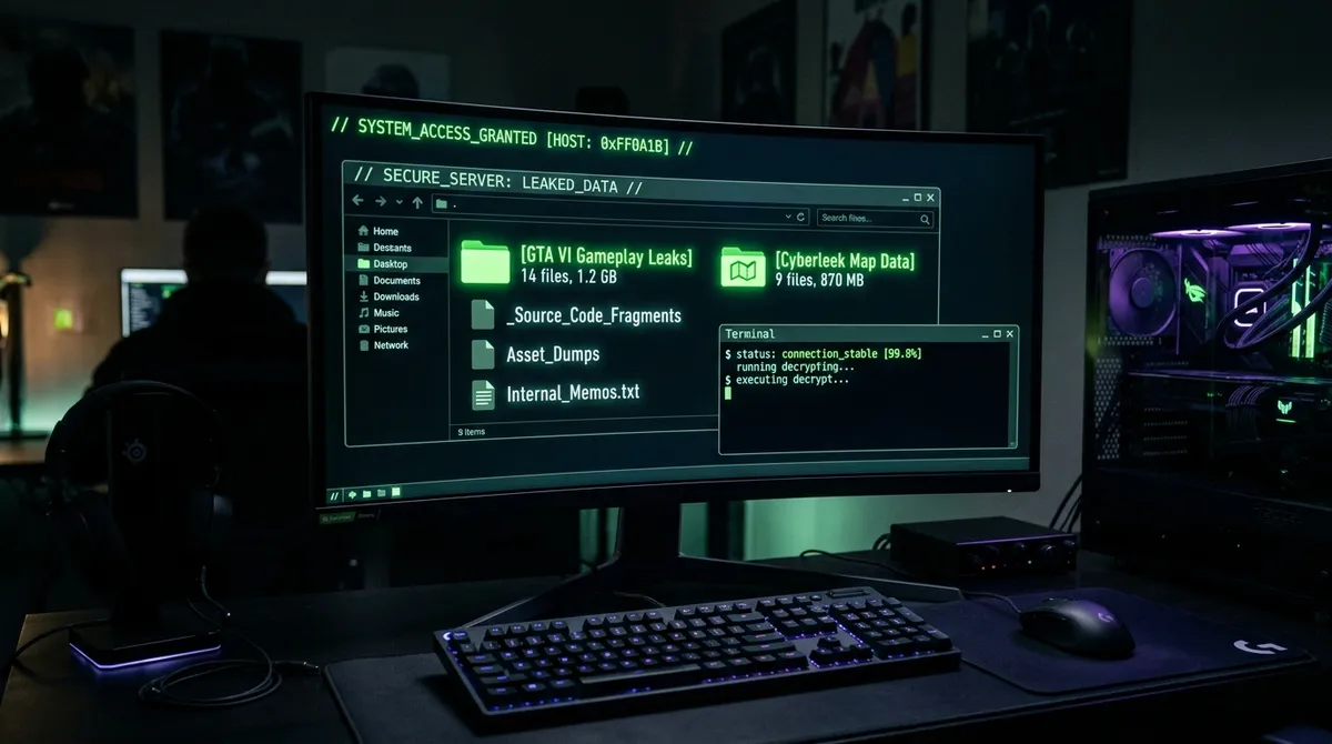Hacker terminal secure server window showing GTA VI Gameplay Leaks and Cyberleek Map Data folders on monitor screen