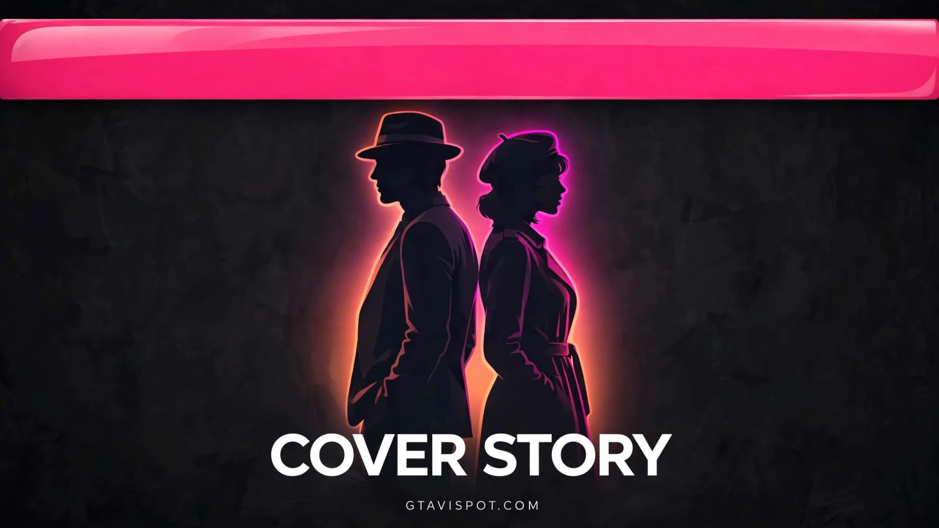 Minimalist GTA 6 LOVE magazine cover story poster with couple silhouette and pink masthead bar