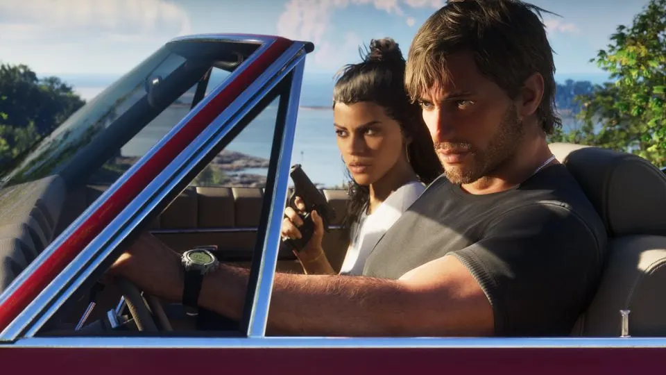 Jason driving a convertible with Lucia holding a pistol in a GTA 6 LOVE magazine screenshot