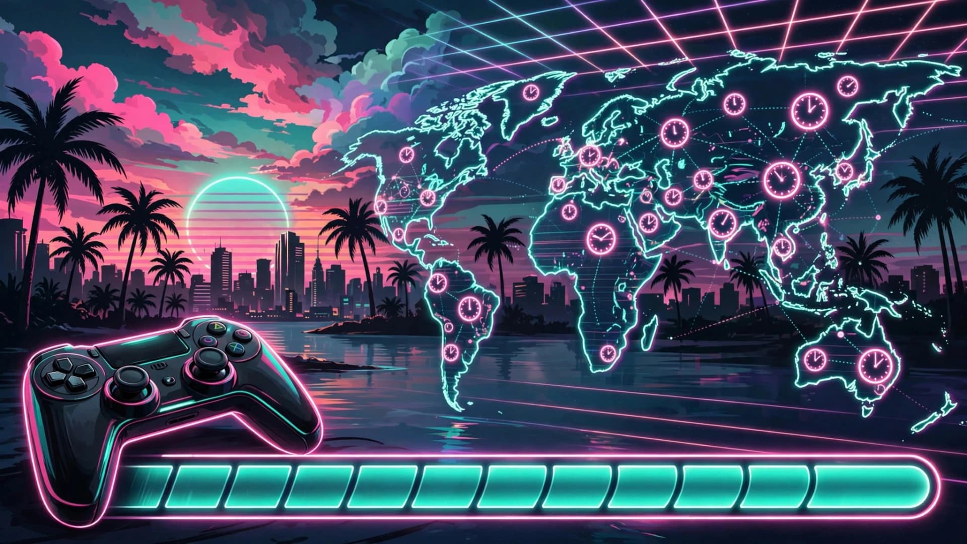 Illustration of a GTA 6 pre-load download bar with a world map showing GTA 6 release time zones