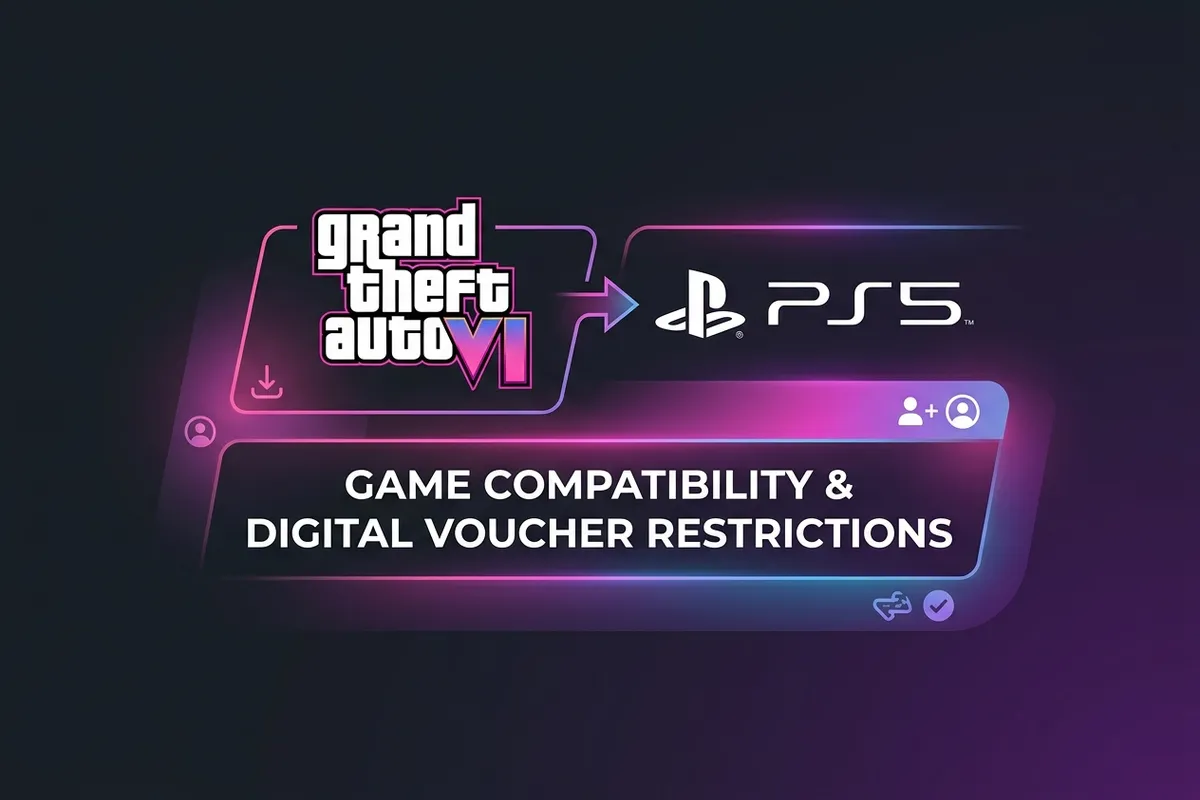 GTA 6 logo next to a PlayStation 5 console on a dark purple background symbolizing region-locking rules