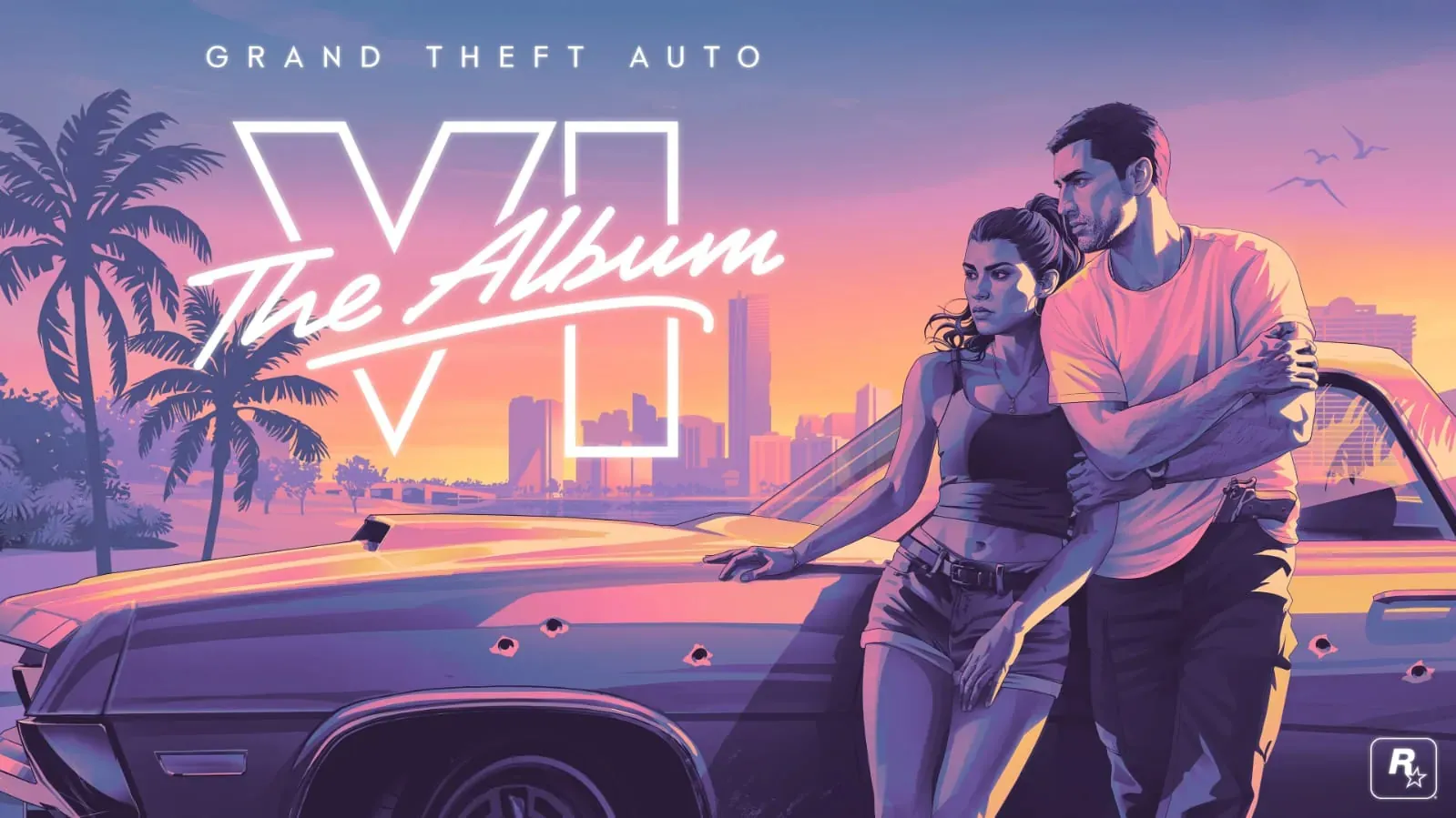Official Grand Theft Auto VI The Album key art with Jason and Lucia leaning on a car against the Vice City skyline at sunset