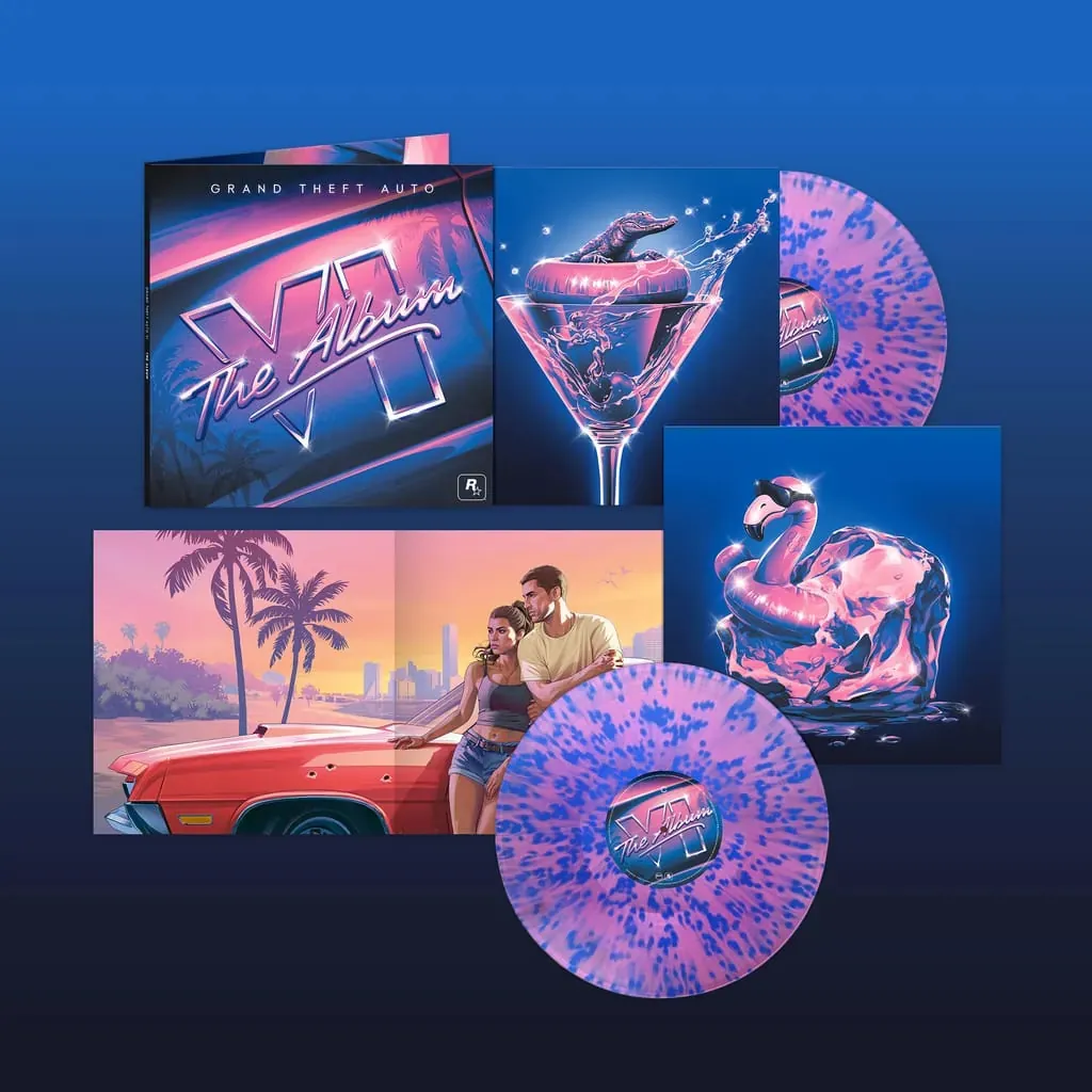 Official GTA VI The Album vinyl packaging artwork showing the splatter vinyl edition, cover art, and flamingo ice illustration