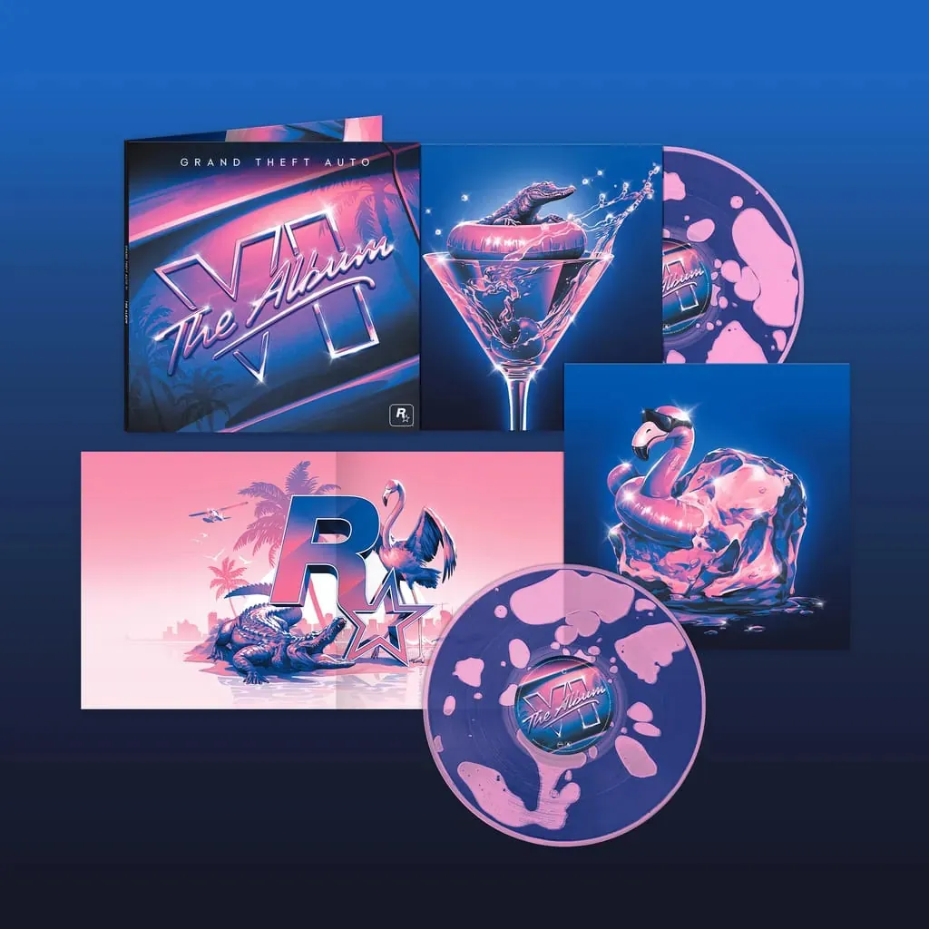 Official GTA VI The Album vinyl package artwork with Rockstar logo illustration, flamingo art, and liquid-filled vinyl disc