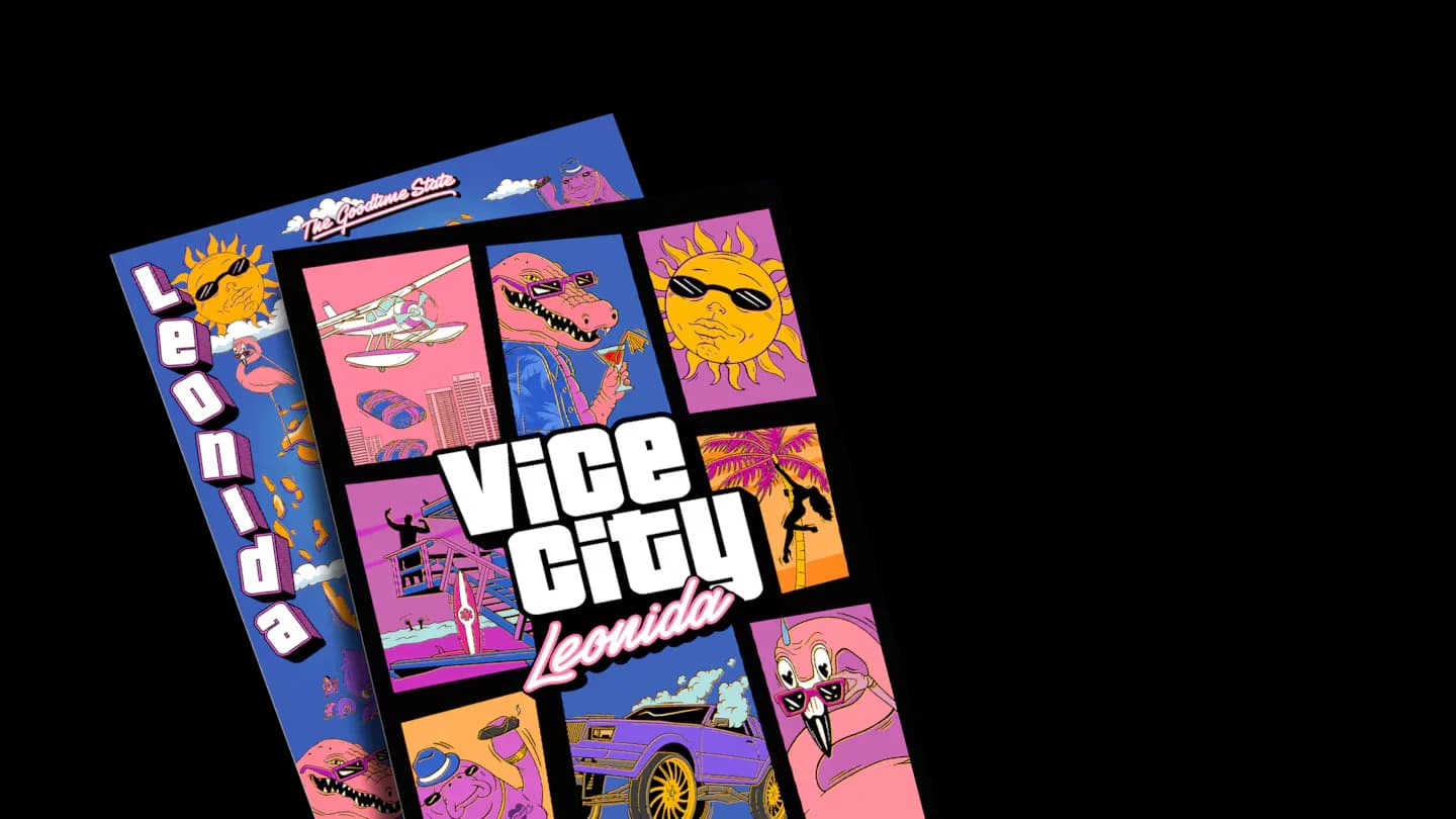 GTA 6 Vice City Collection double sided souvenir poster featuring characters on front and full Leonida map on back
