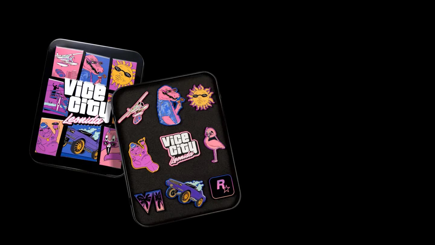 GTA 6 Leonida Keys 9-piece enamel pin collection in custom metal collector tin