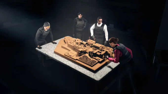 GTA Online characters planning The Kortz Center Heist around a table