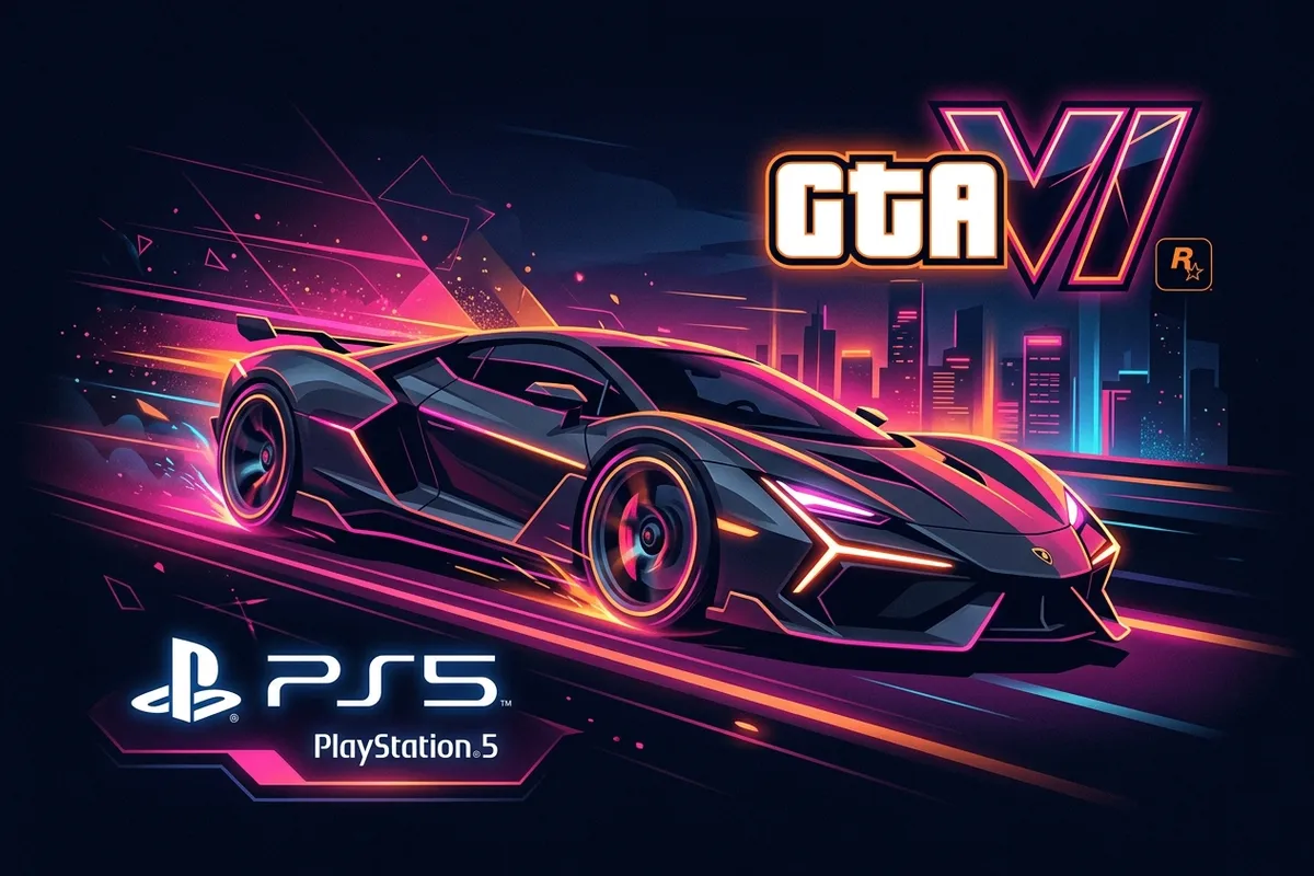 Sleek sports car with GTA 6 logo styling on a dark purple background