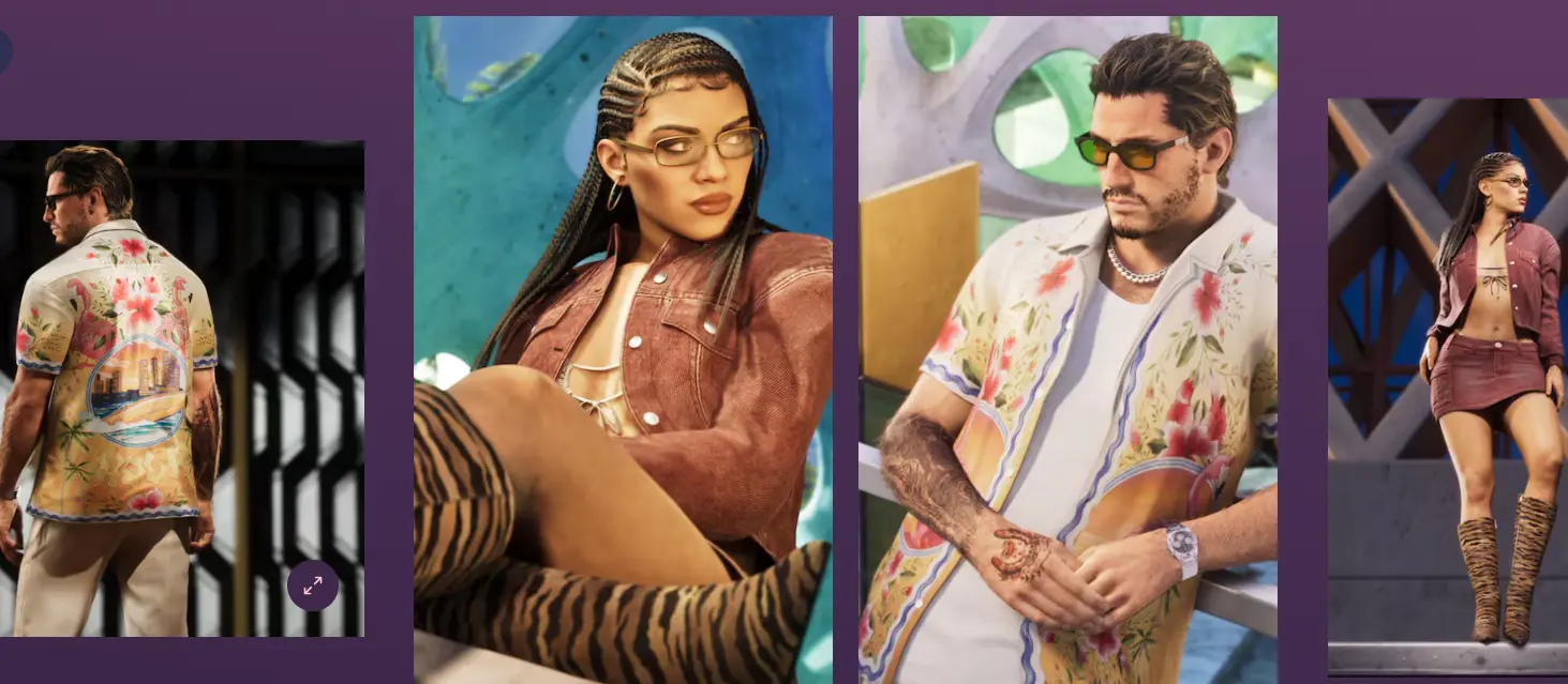 Lucia and Jason showing off the Vintage Vice City pre-order bonus outfits and hairstyles