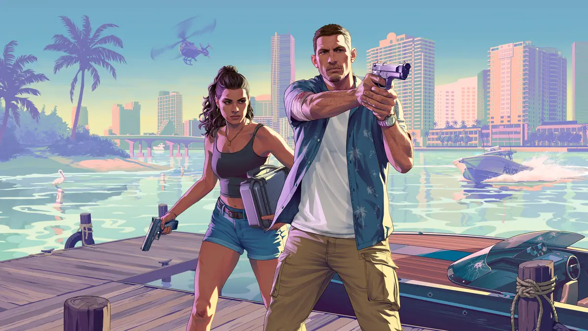 GTA 6 artwork of Jason and Lucia standing together