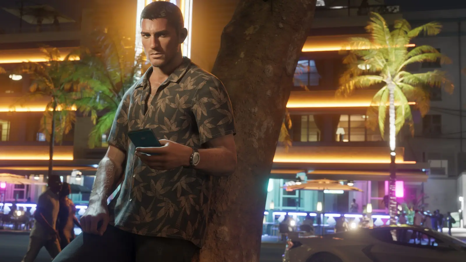 GTA 6 protagonist Jason Duval inspecting a car in Vice City