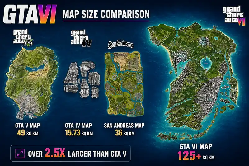 GTA 6 map size comparison chart against GTA 5 and RDR2