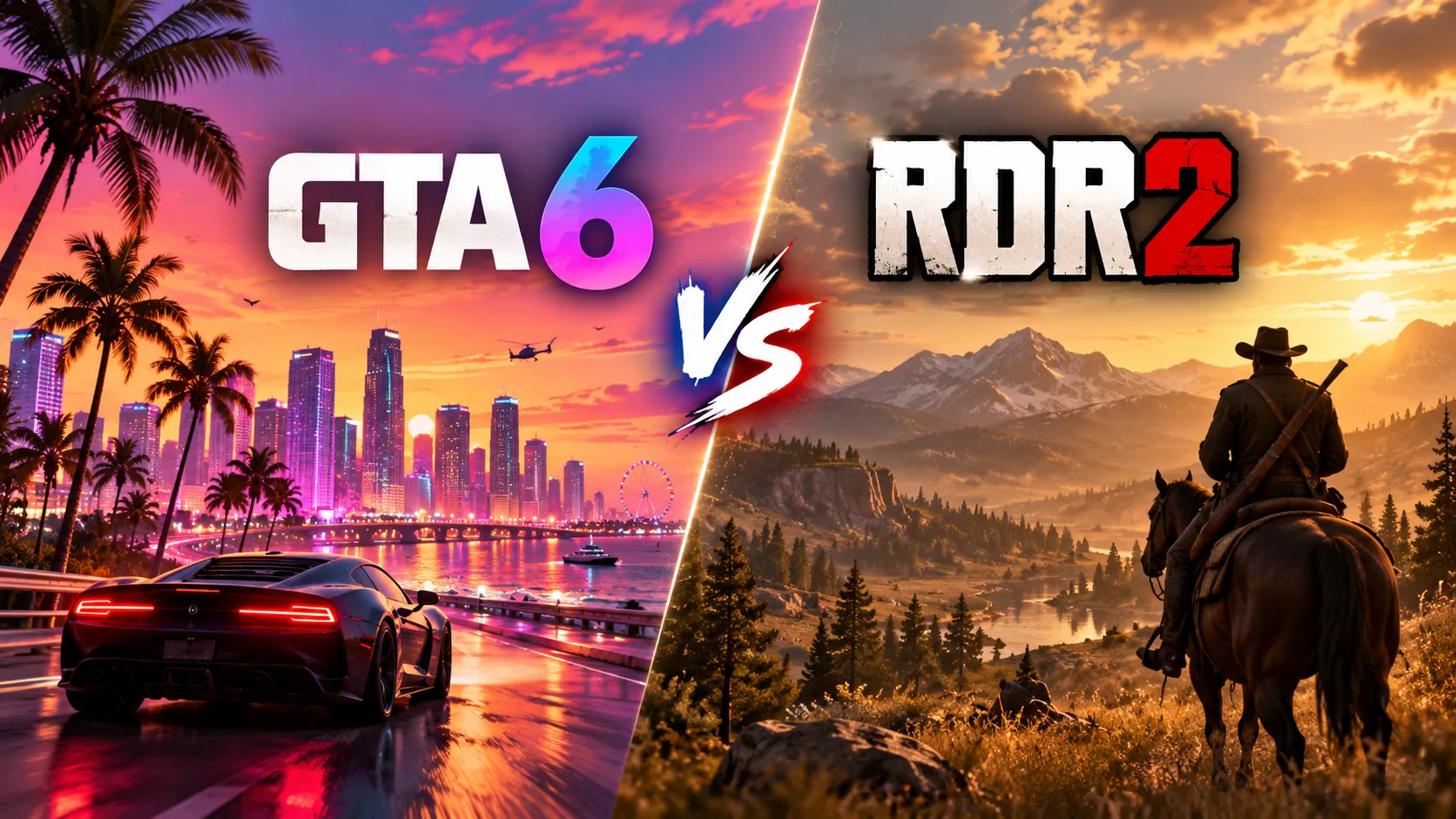 GTA 6 vs RDR2 comparison — split screen of GTA 6 neon Vice City with a supercar beside a Red Dead Redemption 2 cowboy on horseback at sunset