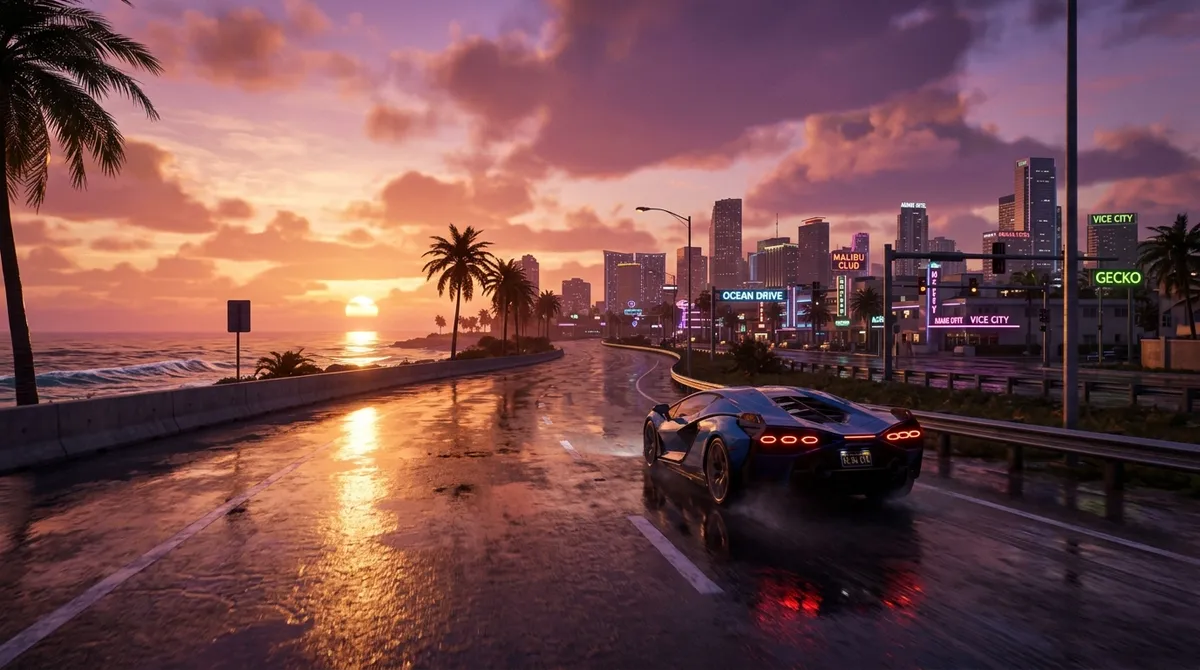 GTA 6 Graphics photorealistic rendering feature showcase showing Vice City sunset and sports car