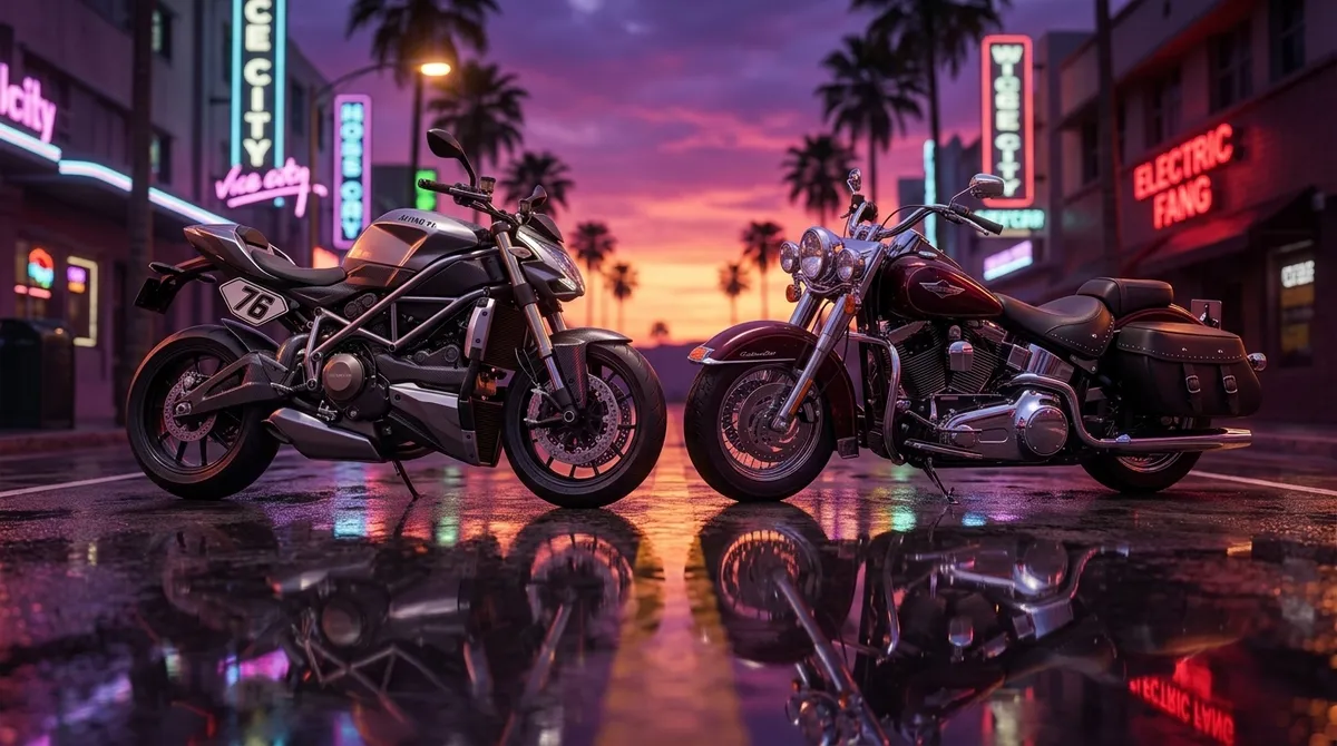 GTA 6 Bikes feature image showing sport and cruiser motorcycles on a neon-lit sunset street in Vice City