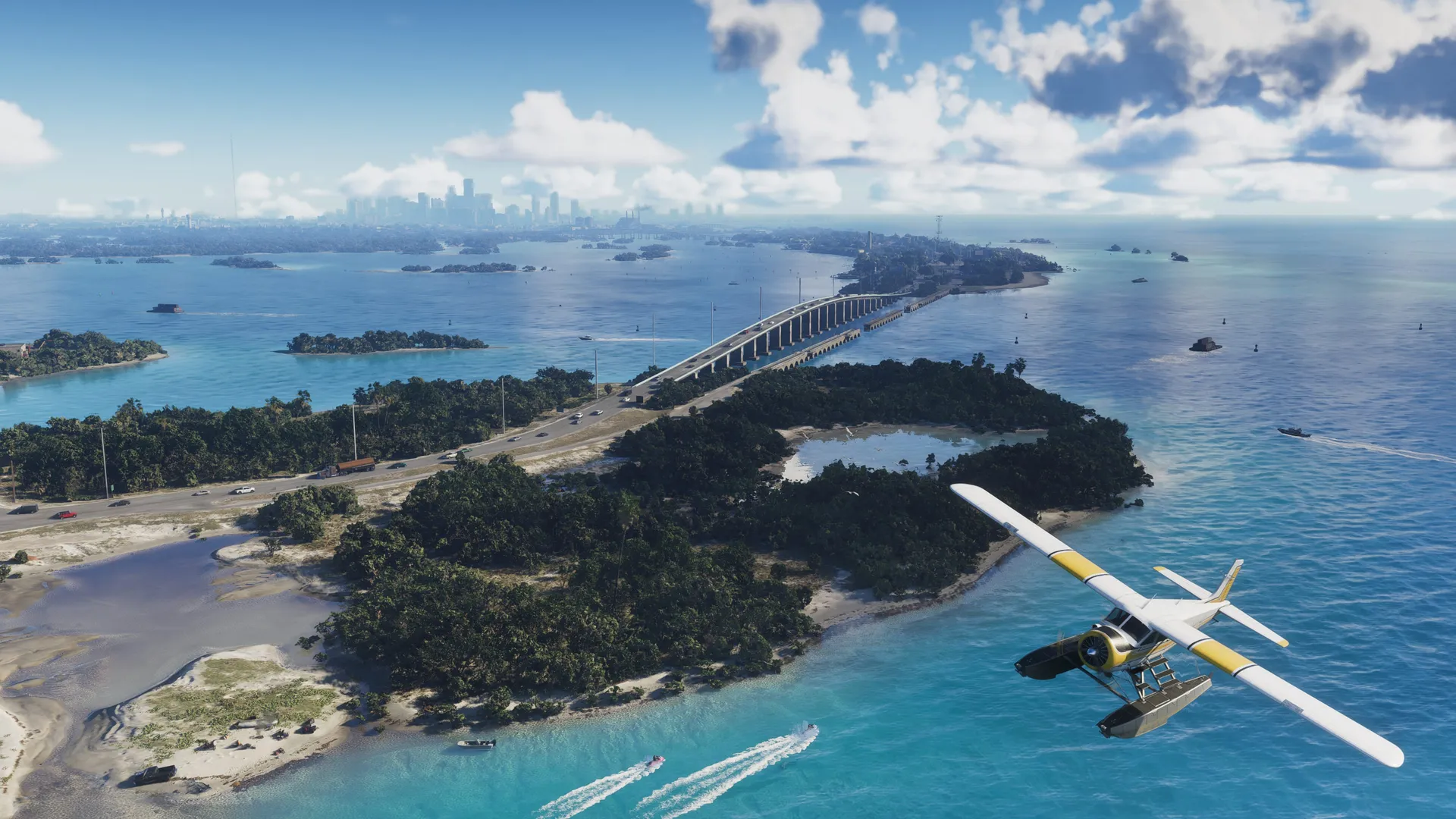 GTA 6 weather over the Leonida Keys — a seaplane flies above turquoise islands under a big tropical sky in Vice City